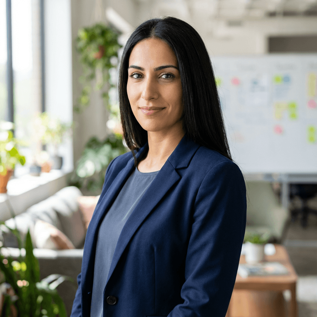 Sarah Patel holding a small package at the counter