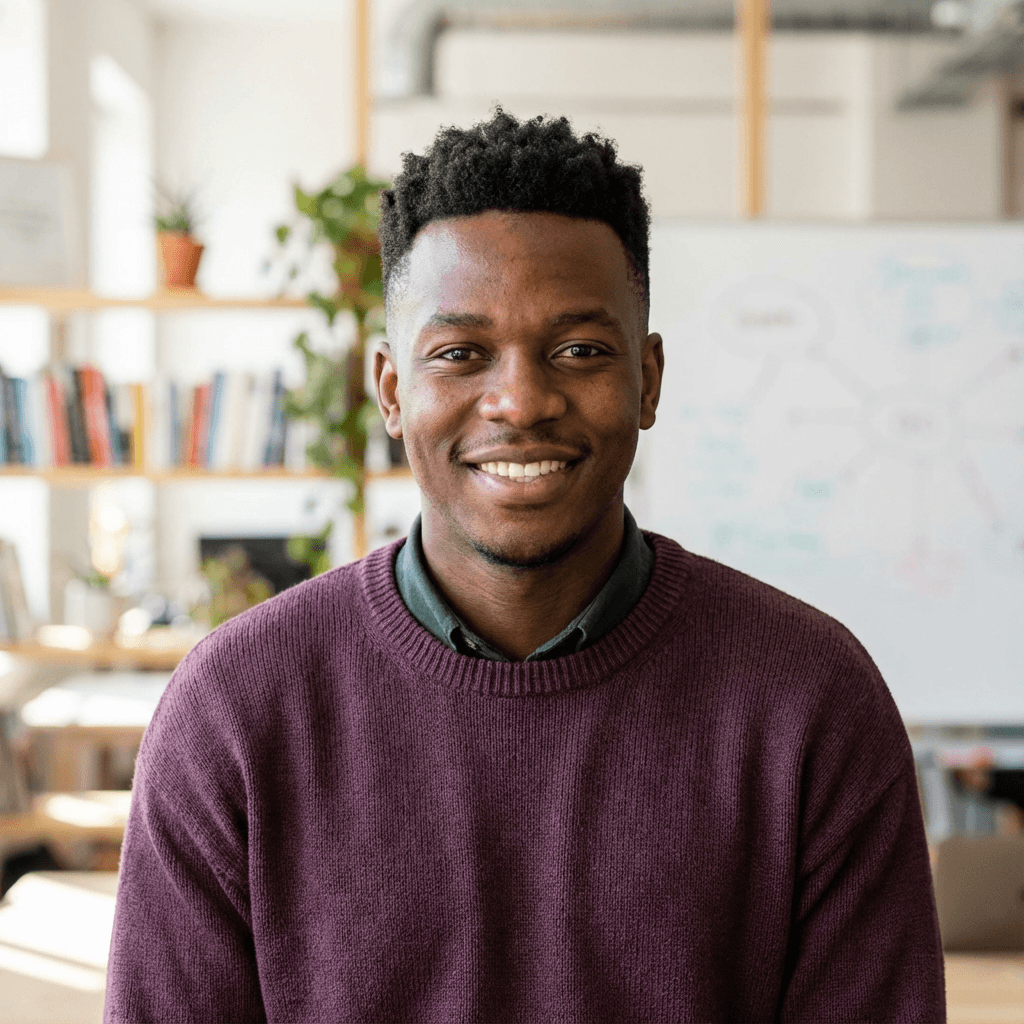Marcus T. standing in a bright office hallway