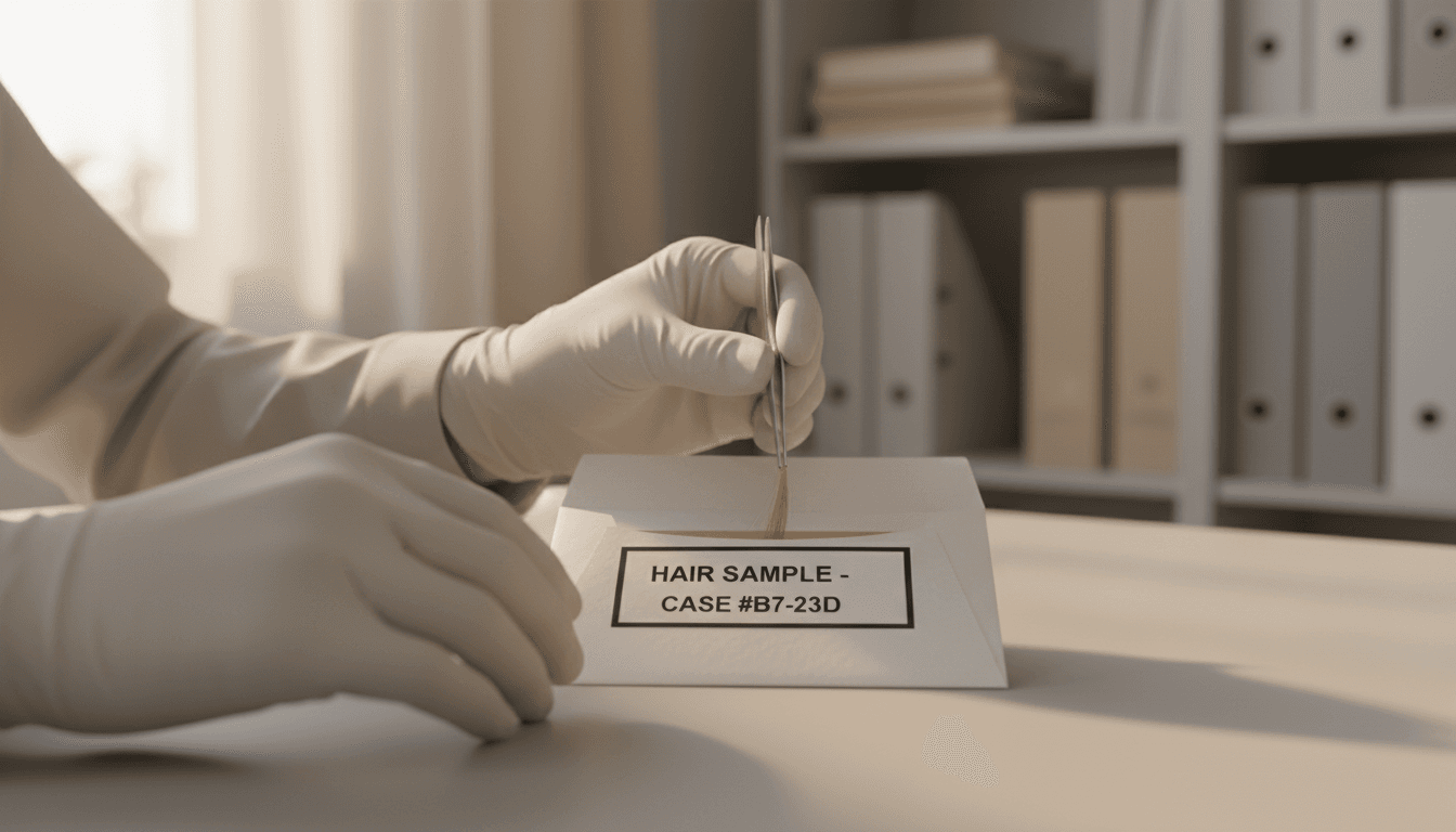 Technician's hands placing a hair sample into a labeled collection envelope on a desk