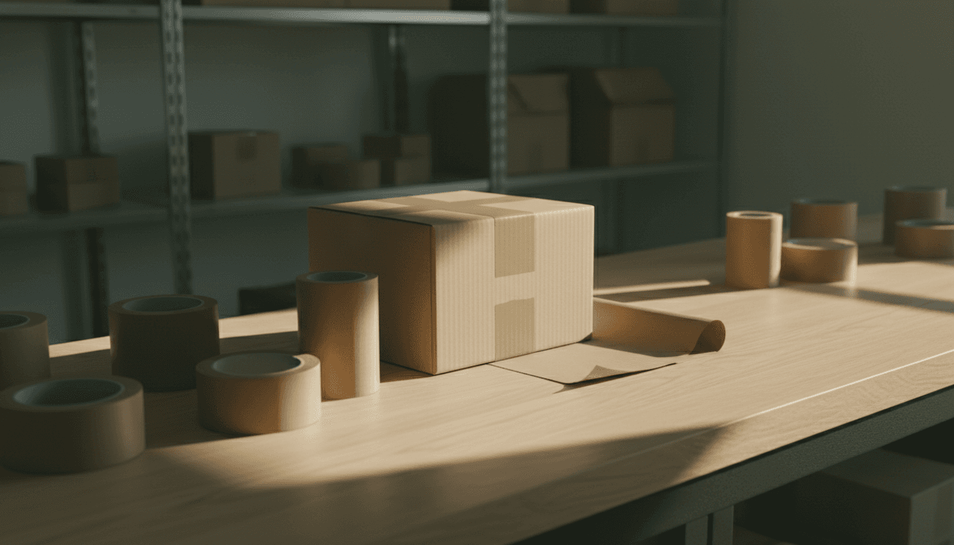 A half-taped cardboard box on a wooden counter with brown kraft paper and packing tape beside it.