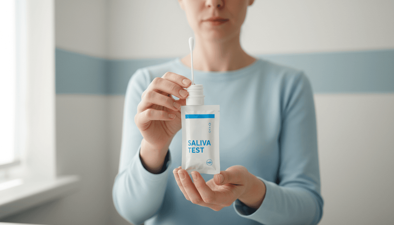 A person holding a sealed saliva test kit with a visible collection swab in a bright office setting