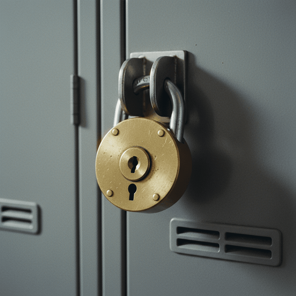 Close-up of a padlock on a metal locker