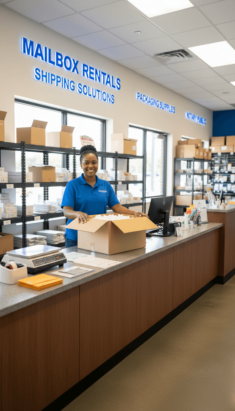 Iola assisting customers at Access Mail & Pack service counter in Charlotte.