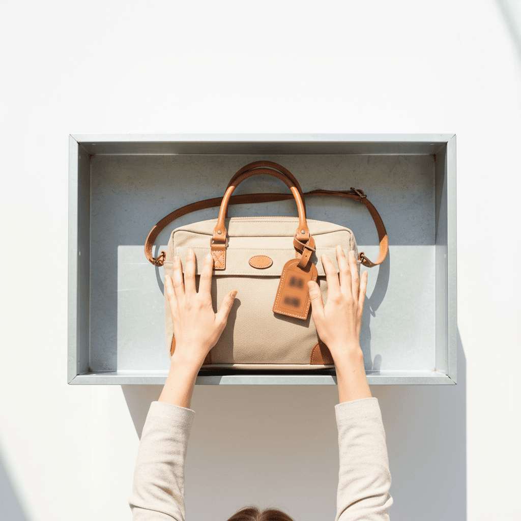 Traveler placing a bag onto a clean metal shelf