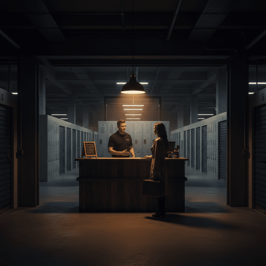 Storage facility entrance with check-in counter and storage area
