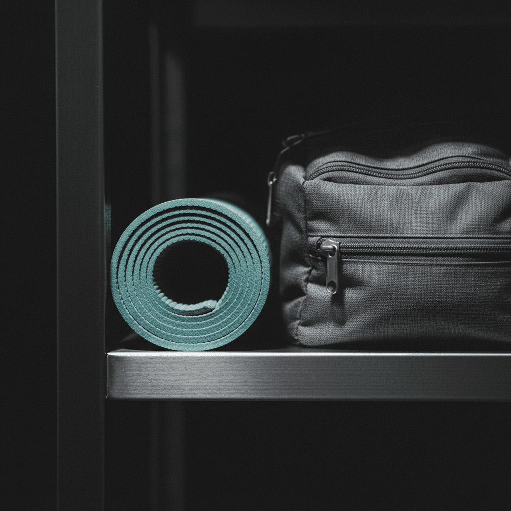 Close-up of a yoga mat and daypack on a clean shelf