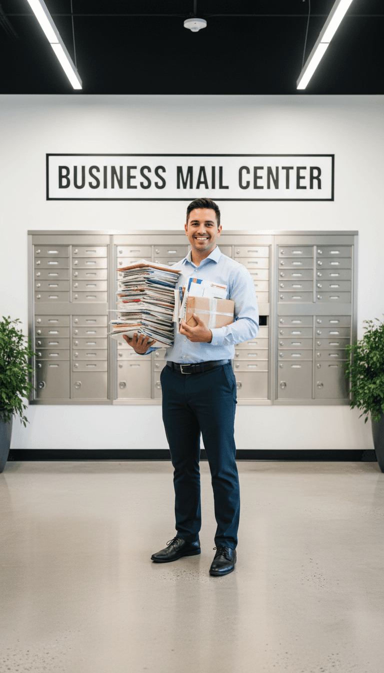 Customer with mail and package at Access Mail & Pack service counter