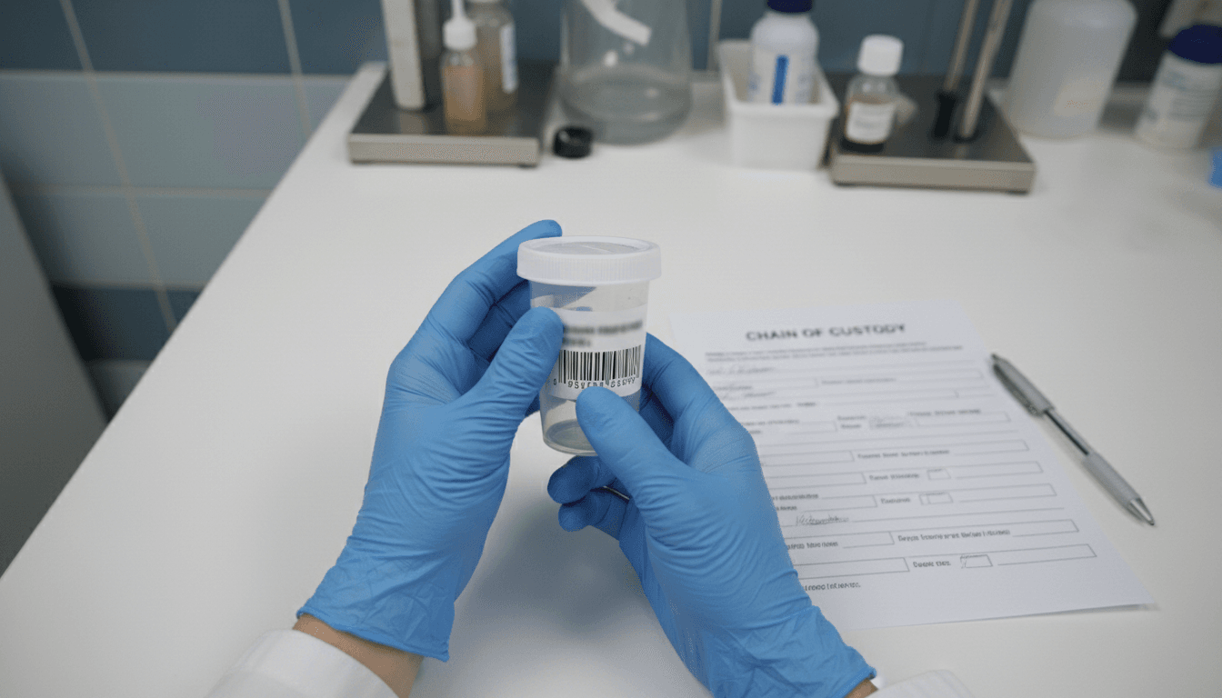 Gloved hands holding a sealed urine sample cup on a clean countertop with a lab form next to it