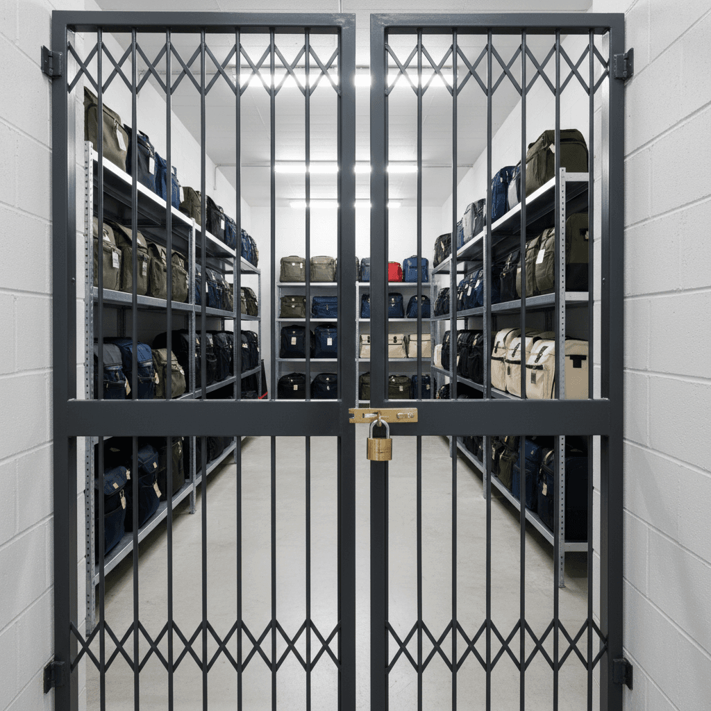 Storage room with shelving and a locked security gate
