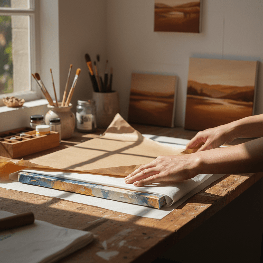 Hands wrapping a box on a wooden countertop with packing supplies nearby