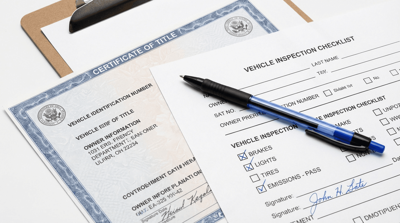 Hand passing a DMV form across the counter at Access Mail & Pack