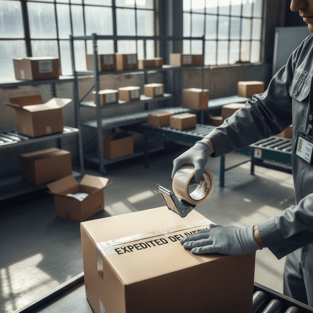 Courier hands carefully taping and labeling a package in a bright, organized sorting facility with stacked boxes.