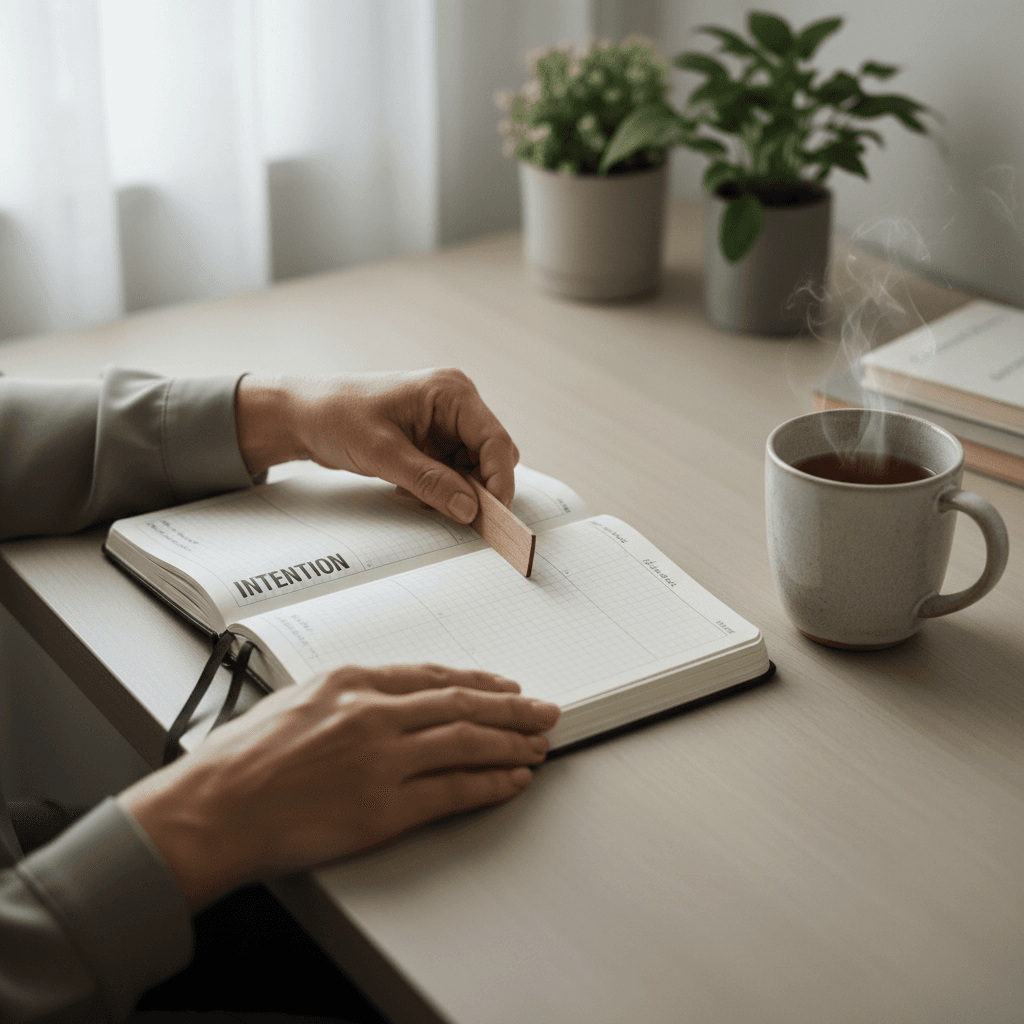 Hands organizing documents on a clean wooden desk with a cup of coffee nearby