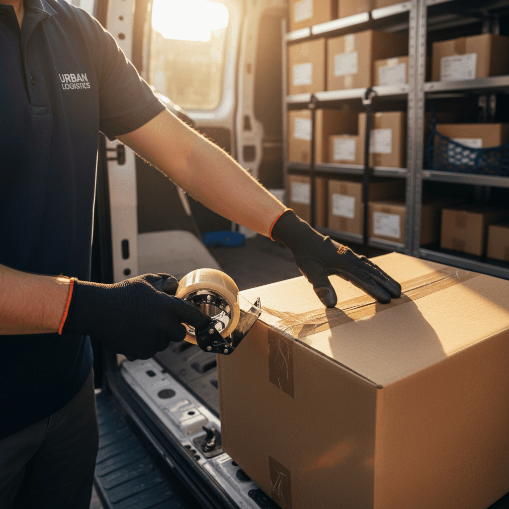Courier hands carefully taping a cardboard package inside a modern delivery van with organized parcels visible in background